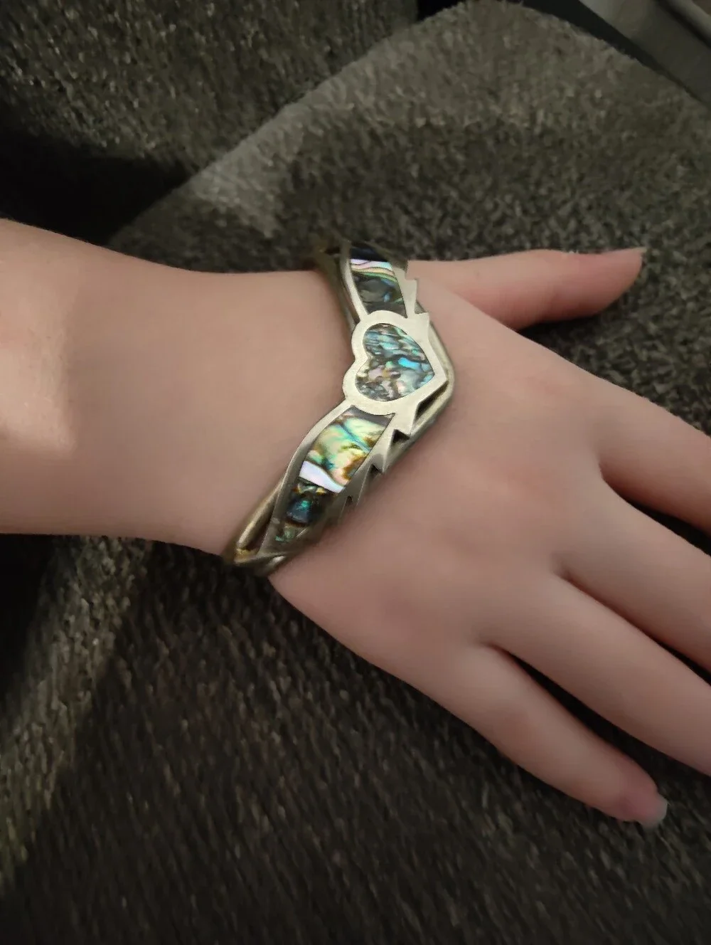 Vintage Mexico Abalone Shell Heart Wing Cuff Bracelet Alpaca Silver Tone
